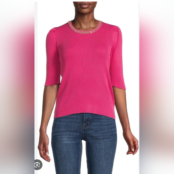 Nanette Lepore Jewelneck Ribbed Sweater Top Size L - Picture 13 of 14